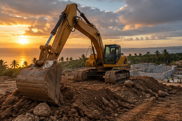 Excavadora en un sitio de construcción tropical