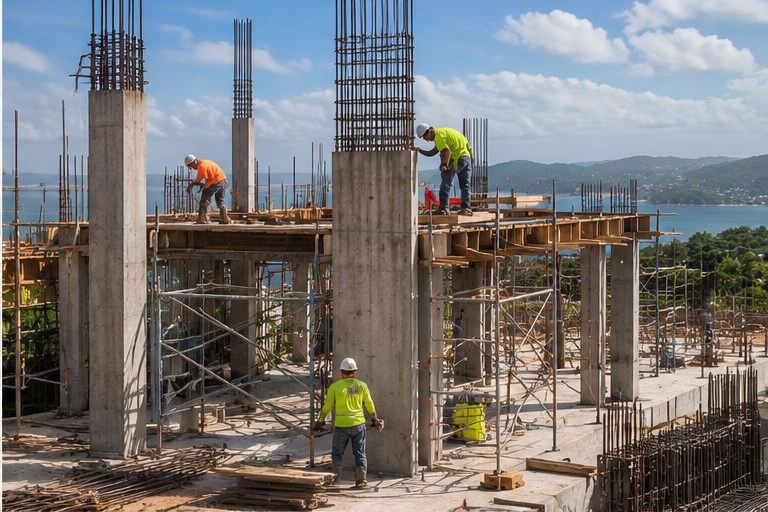 Personal y estructura de concreto en obra